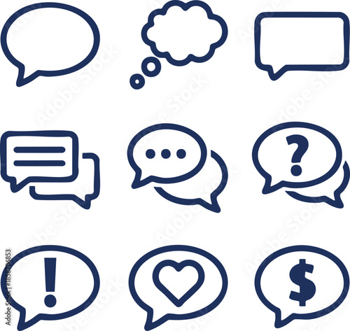 a collection of black and white speech bubble icons, including a circle, cloud, rectangle, stacked dots, question mark, exclamation point, heart, and dollar sign.eps