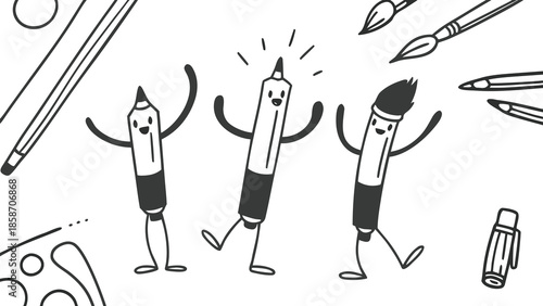 Happy Art Supplies Dancing Together in a Creative Black and White Illustration