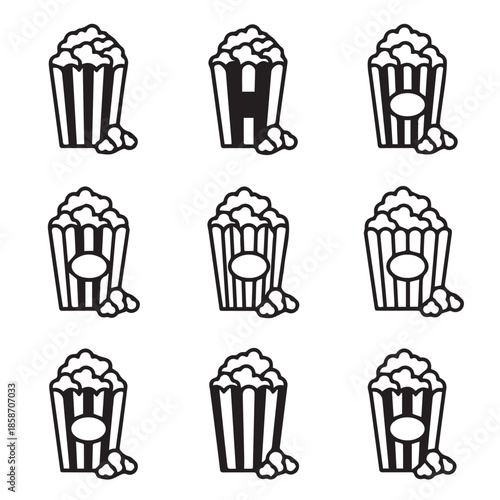 Set of black and white popcorn bucket illustrations