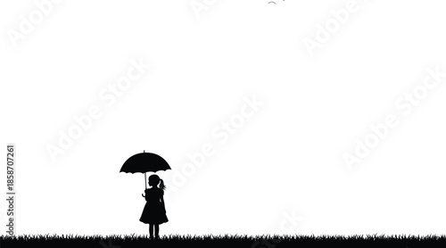 Lonely child silhouette holding umbrella on grass, minimal landscape scene, innocence protection concept, rainy day imagination illustration isolated background