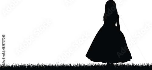 Lonely girl silhouette standing on grass holding string, childhood imagination concept symbolizing innocence, freedom, dreams and quiet contemplation isolated on white