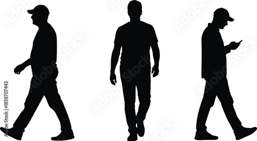 Male silhouettes walking in different poses, urban lifestyle concept, anonymous men, technology use, motion people illustration isolated white background