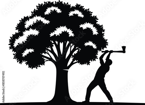 Man cutting tree silhouette with axe, deforestation concept, environmental destruction, human impact on nature, climate crisis awareness, black white illustration