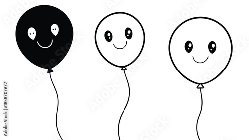 Cute cartoon balloons in black and white with smiling faces