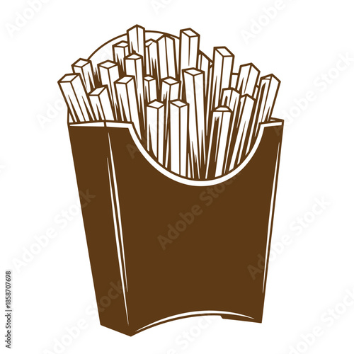 Vintage Brown paper box filled with crispy french fries isolated on white background  delicious fast food