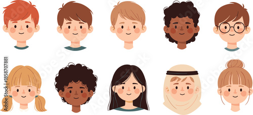 Diverse collection of cute children face avatars representing global multicultural youth inclusion for education social media community and primary school