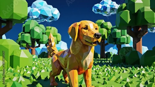 Low Poly Golden Retriever Dog in a Stylized Forest Landscape with Geometric Trees and Clouds.