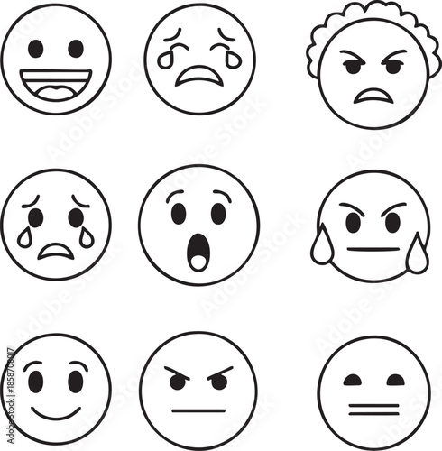 black and white, simple line art, cartoon emoticons, joy, sadness, anger, fear, surprise, disgust, neutral, skeptical, unimpressed,.eps