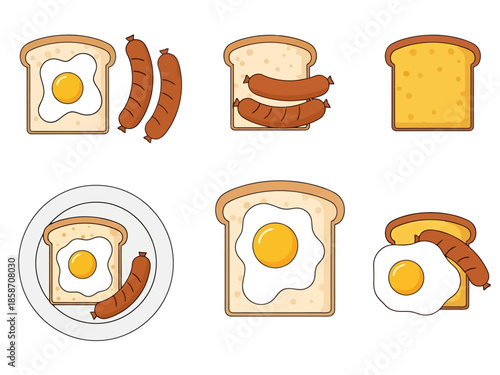 Breakfast Set Fried Egg and Sausage on Toast Variations Food Icon Collection