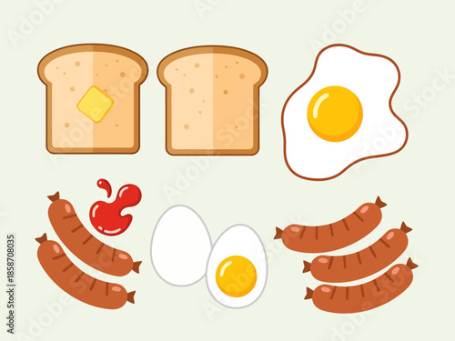 Breakfast Food Elements Toast Fried Egg Sausages Boiled Eggs Ketchup Dabs
