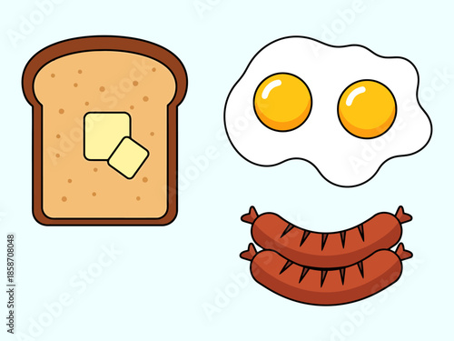 Simple Breakfast Meal Elements Toast with Butter Fried Eggs and Sausages