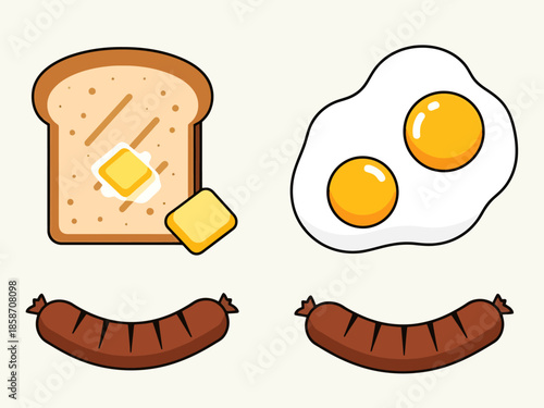 Simple Breakfast Meal Components Toast Fried Eggs and Sausages