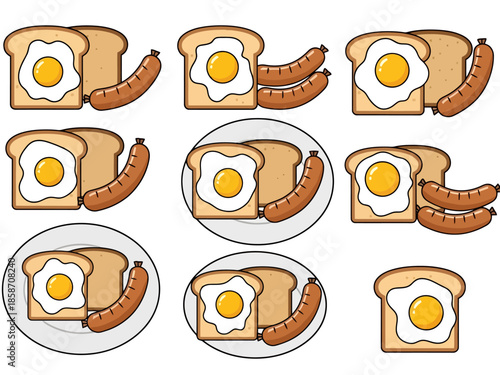 Breakfast Meal Set Fried Egg and Sausage on Toast