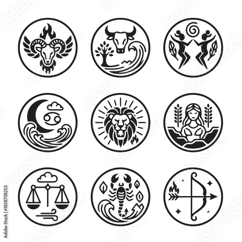 Zodiac signs illustrated in elegant black and white circular designs