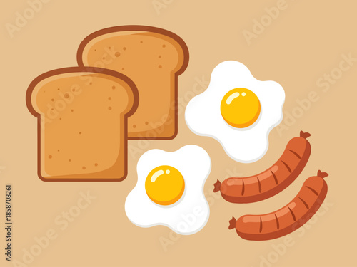 Breakfast Meal Composition Toasted Bread Slices Fried Eggs and Sausages on a Plain Background