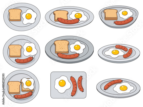 Breakfast Meal Set Fried Eggs Sausage Links and Toast Slices on Plates Multiple Arrangements