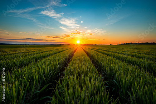 Beautiful sunrise over green agricultural field with crop rows, vibrant sky and sun rays, rural farmland landscape, sustainable farming and nature background