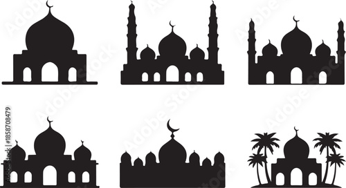 Mosque silhouettes collection for islamic architecture and eid greetings with palm trees and minarets