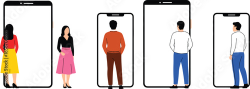 Diverse people silhouettes standing in front of large blank smartphone screens representing digital communication social media usage and mobile networking