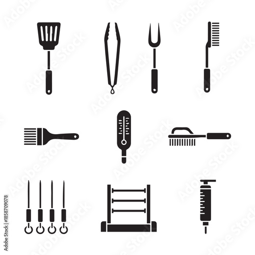 Black silhouettes of various barbecue tools on white background