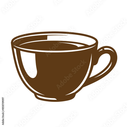 Vintage Brown tea cup with handle on the right side filled with liquid on white background