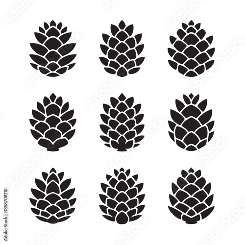 Set of hop cone icons in black silhouette on white