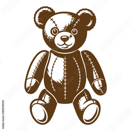 Vintage brown teddy bear with white stitching isolated on white background