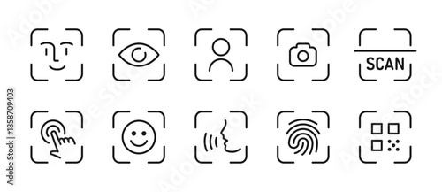 Scan icon set. Biometric frames for face, eye, fingerprint, touch and voice recognition vector illustration. User identification tools, security access methods and modern authentication system sign.
