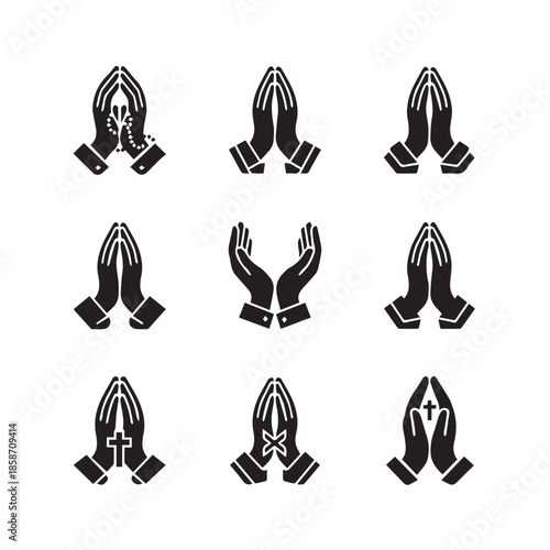 Praying hands icons in black and white for religious or spiritual use