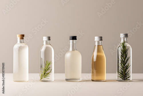 dry january display, dry january-themed table with various non-alcoholic drinks, simple labels, and neutral background, with space for text