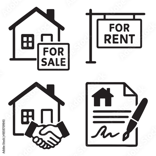 House for Sale and Home for Rent Icons – Buy Property, Online Listing and Lease Agreement Vector Set