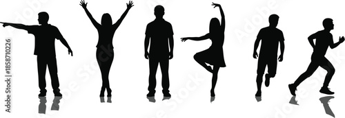 People silhouettes in different poses and actions, standing dancing running figures isolated on white background, lifestyle motion concept illustration