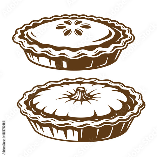 Vintage Two brown pie illustrations with different crust designs and toppings on white background