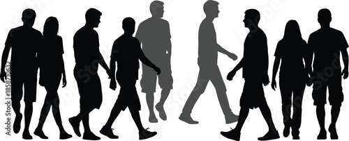 People walking silhouette group, urban crowd movement, anonymous pedestrians, daily life, society concept, population flow, city lifestyle illustration