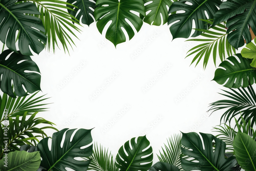 Fototapeta premium Palm And Monstera Leaves Border Background With White Center