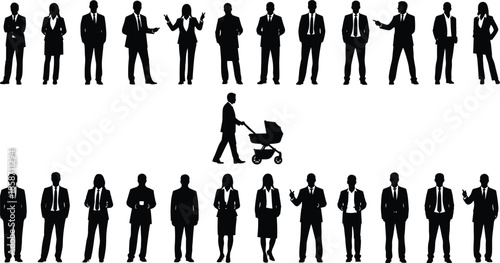 Large collection of professional business people silhouettes in suits with a father pushing a baby stroller representing work life balance