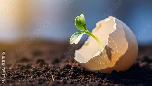 Comienzos frágiles: un pequeño brote emerge de una cáscara de huevo rota, simbolizando nueva vida y potencial en un contexto suave y de ensueño.