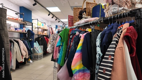 Clothes inside a charity shop in UK