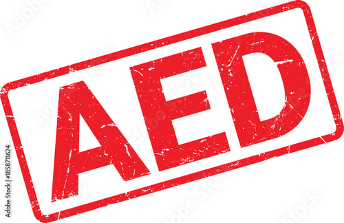 Red AED Text Stamp with Distressed Texture on White Background, Rectangular Frame Inclined