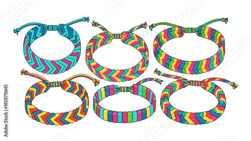 Colorful friendship bracelets in various patterns on a light background