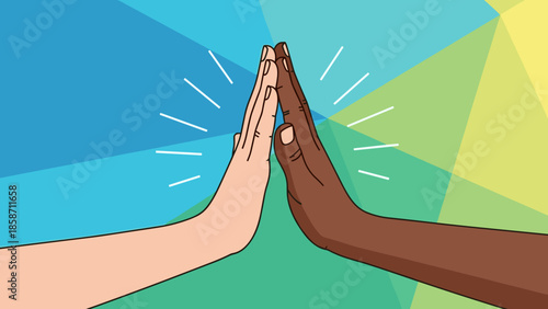 Two hands giving a high-five symbolizing unity and connection on a colorful background
