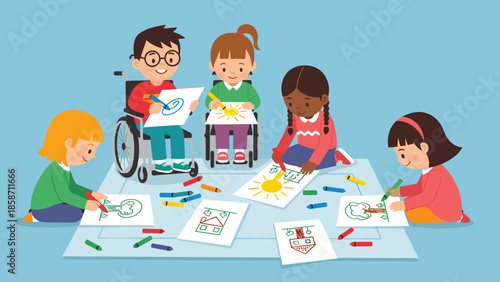 Children drawing with crayons in an inclusive scene on a blue background