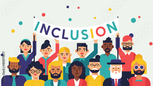 Diverse group of people holding a banner reading "INCLUSION" on a light background