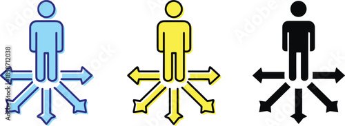 Person silhouette standing at crossroads with multiple arrows pointing in different directions representing career choices, decision making and future life paths
