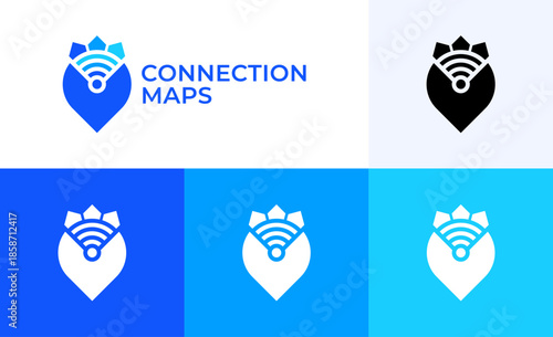 Vector logo of a combined equipment connection map with location and blue Wi-Fi symbols for modern home automation devices. A perfect icon illustration for technology branding design projects.
