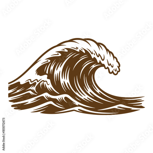 Vintage A large ocean wave crashing with white foam on top  illustration of sea wave