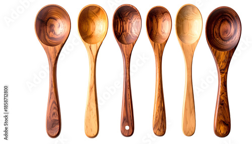 Six wooden spoons displayed in a row, showcasing various wood grains and tones
