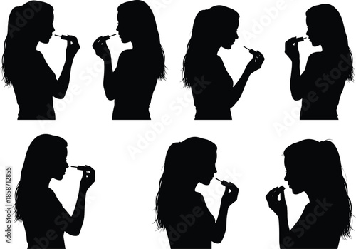 Profile silhouette, mouth gesture, expressive pose, black and white, ponytail figure, repetitive action, inspection moment, grooming motion, character study, sequence