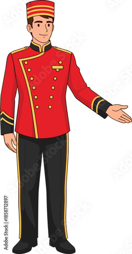 Professional, hotel, bellhop, character, in, red, uniform, and, cap, welcoming, guests, hospitality, service, worker, staff, isolated, vector, illustration, white, background.