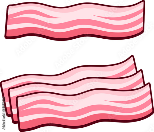 Raw uncooked bacon strips. Traditional breakfast ingredient, cured pork meat. Isolated vector clip art illustration.